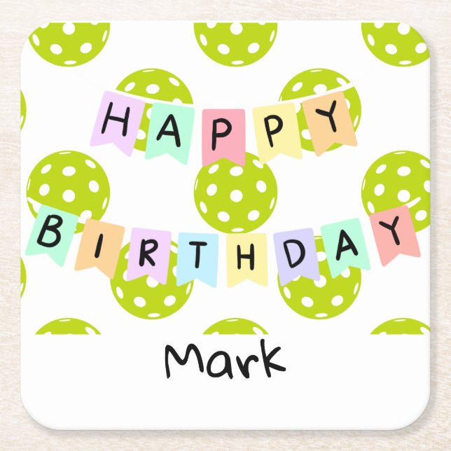 Porta-copo De Papel Quadrado Pickleball com faixa de aniversário feliz (Frente)