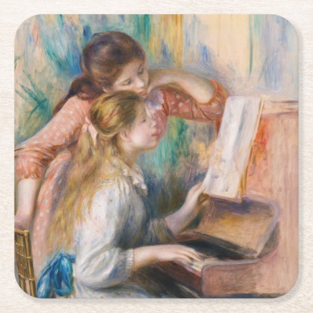 Porta-copo De Papel Quadrado Pierre Auguste Renoir - Jovens Meninas no Piano (Frente)