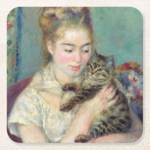 Porta-copo De Papel Quadrado Pierre-Auguste Renoir - Mulher com gato