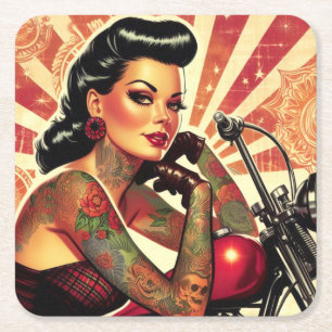 Porta-copo De Papel Quadrado Pin-up do Biker Retro