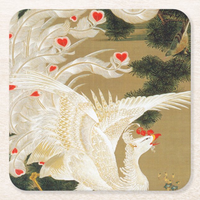 Porta-copo De Papel Quadrado Pine Tree & Phoenix (Love Heart Phoenix), Jakuchu (Frente)