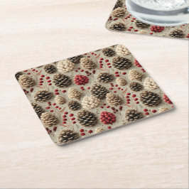 Porta-copo De Papel Quadrado Pinecones e Berries Vermelhos