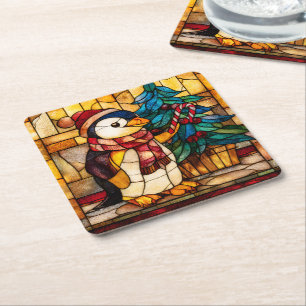 Porta-copo De Papel Quadrado Pinguim de Natal em Vidro Pintado