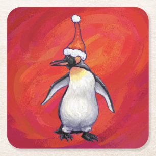 Porta-copo De Papel Quadrado Pinguim em Santa Chapéu em Vermelho