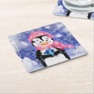 Porta-copo De Papel Quadrado Pinguim Feliz - Natal -