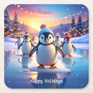 Porta-copo De Papel Quadrado Pinguins Fofos de Chapéu de Inverno em Coxim de Pa