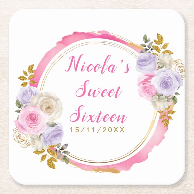 Porta-copo De Papel Quadrado Pink and Purple Elegant Flowers Sweet Sixteen (Frente)