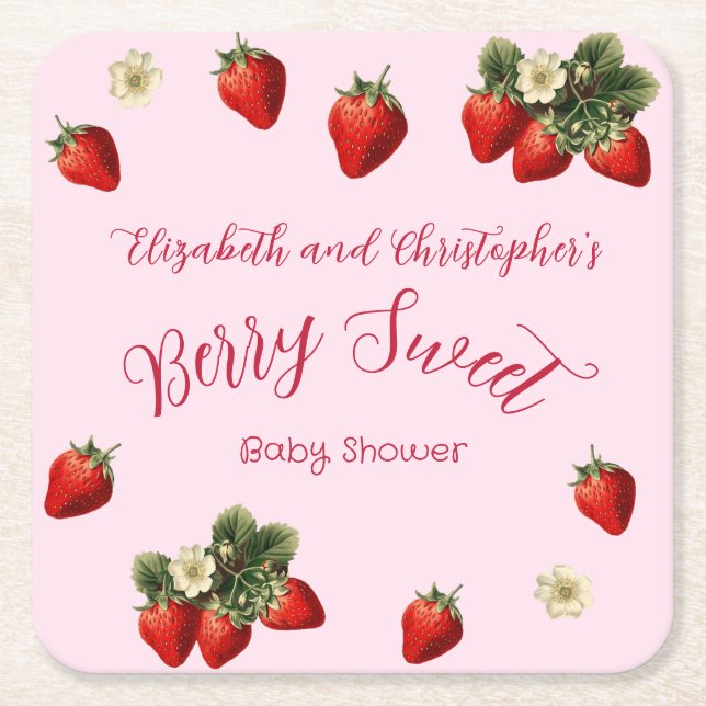 Porta-copo De Papel Quadrado Pink Berry Sweet Red Strawberry Girl Baby Shower (Frente)