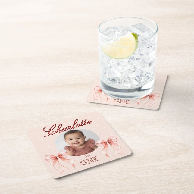 Porta-copo De Papel Quadrado Pink Bow First Birthday! (Insitu)