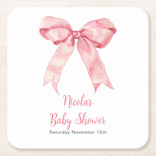 Porta-copo De Papel Quadrado Pink Coquette Bow Baby Shower (Frente)