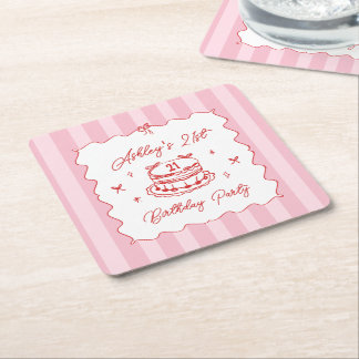 Porta-copo De Papel Quadrado Pink Coquette Striped Vintage Hand Drawn Birthday