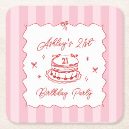 Porta-copo De Papel Quadrado Pink Coquette Striped Vintage Hand Drawn Birthday