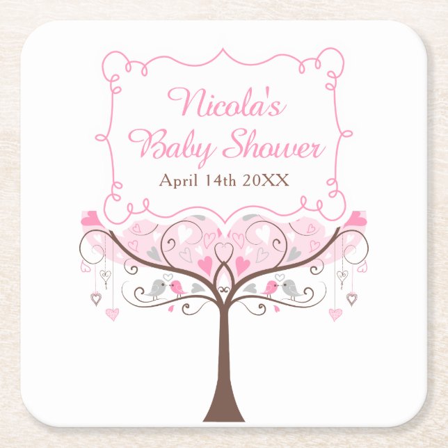 Porta-copo De Papel Quadrado Pink Floral Bird Baby Shower  (Frente)