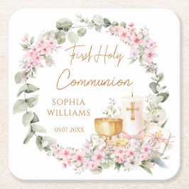 Porta-copo De Papel Quadrado Pink Floral Chalice First Holy Communion