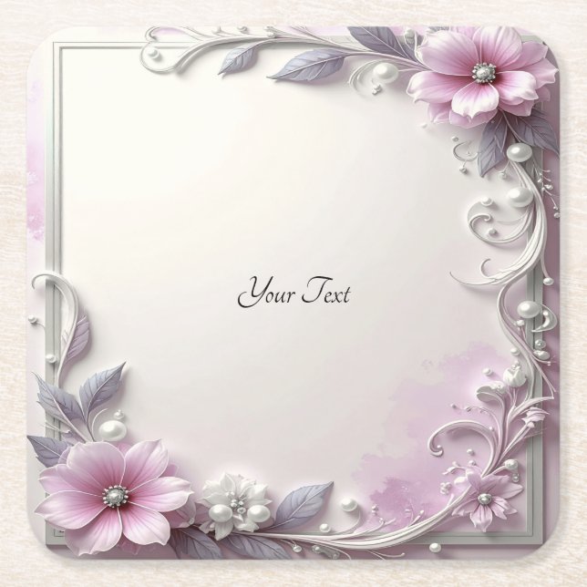 Porta-copo De Papel Quadrado Pink Floral Frame Paper Coaster (Frente)