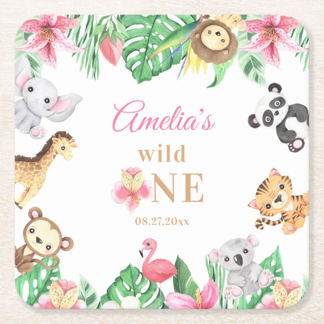 Porta-copo De Papel Quadrado Pink Floral Safari Animals Birthday (Frente)