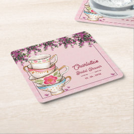 Porta-copo De Papel Quadrado Pink Floral Stacked Teacups Bridal Shower Party