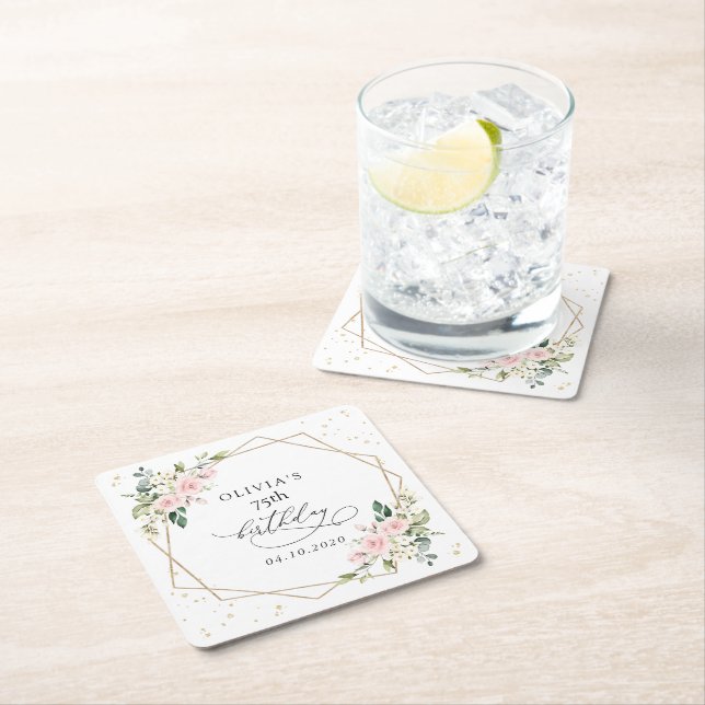 Porta-copo De Papel Quadrado Pink Flowers, White Flowers, Greenery, Birthday (Insitu)