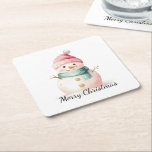 Porta-copo De Papel Quadrado Pink Mint Christmas Snowman<br><div class="desc">Pink Mint Christmas Snowman</div>
