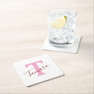 Porta-copo De Papel Quadrado Pink Monogram Paper Coaster | Custom Name