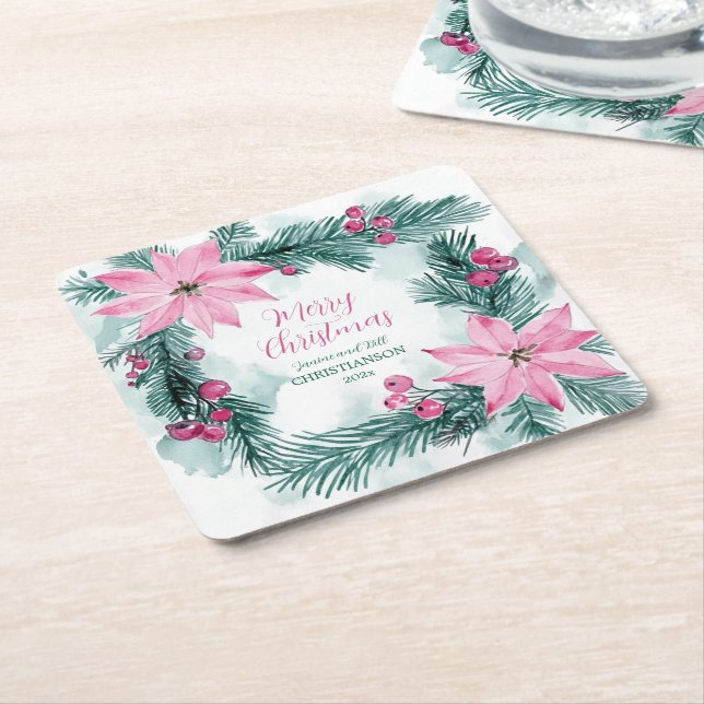 Porta-copo De Papel Quadrado Pink Poinsettias Christmas (Inclinado)