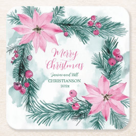 Porta-copo De Papel Quadrado Pink Poinsettias Christmas