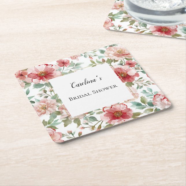 Porta-copo De Papel Quadrado Pink Red Flowers Bridal Shower   (Inclinado)