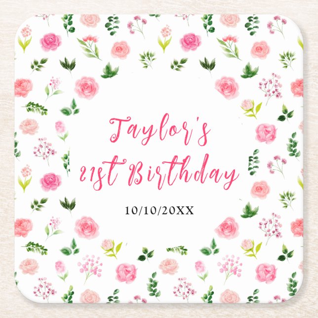 Porta-copo De Papel Quadrado Pink Roses Floral Birthday (Frente)