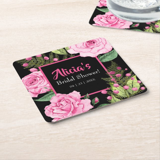 Porta-copo De Papel Quadrado Pink Roses on Black Bridal Shower (Inclinado)