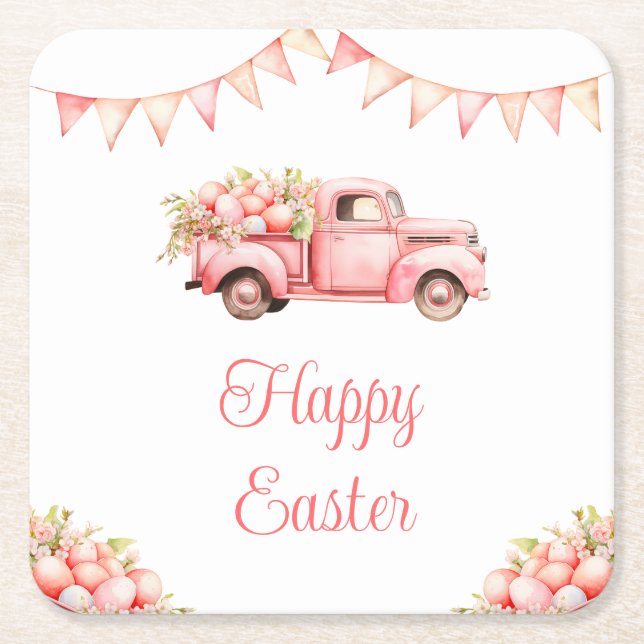 Porta-copo De Papel Quadrado Pink Truck Easter Egg Hunt (Frente)