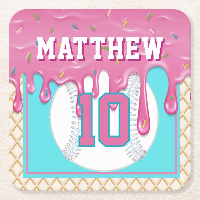 Porta-copo De Papel Quadrado Pink & Turquoise Baseball Drip Birthday Party (Frente)