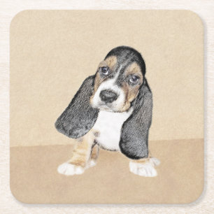 Porta-copo De Papel Quadrado Pintado de Cachorro Basset - Arte Cachorro Origina