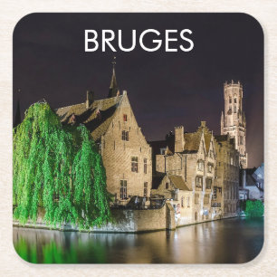 Porta-copo De Papel Quadrado Pintura da cidade antiga de Bruges e da torre de B