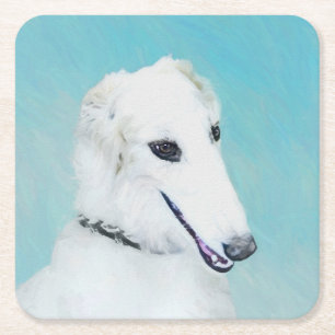 Porta-copo De Papel Quadrado Pintura de Borzoi (branca) - Arte de Cachorro Orig