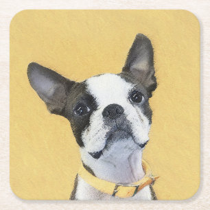 Porta-copo De Papel Quadrado Pintura de Boston Terrier - Arte de Cachorro Origi