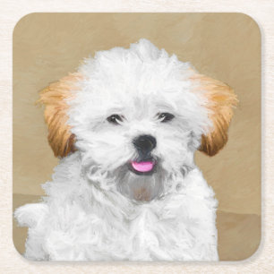 Porta-copo De Papel Quadrado Pintura De Cachorro Lhasa Apso - Arte De Cachorro