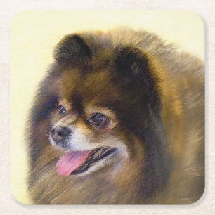 Porta-copo De Papel Quadrado Pintura de Cão Original Pomerana de Preto e Tan