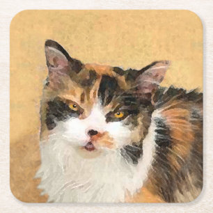 Porta-copo De Papel Quadrado Pintura De Gato Calico - Arte De Gato Original Bon