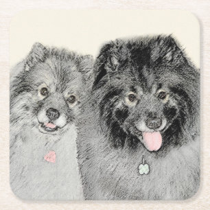 Porta-copo De Papel Quadrado Pintura de Keeshond, Mãe e Filho - Arte Original d