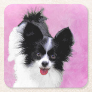 Porta-copo De Papel Quadrado Pintura de Papillon (Branco e Preto) - Arte Canina
