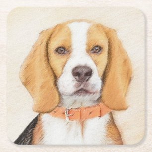 Porta-copo De Papel Quadrado Pintura Original de Cachorro Beagle Hound Arte Ani