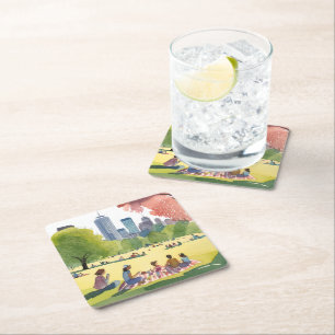 Porta-copo De Papel Quadrado Piquenique no Boston Common   Pintura em Aquarela 