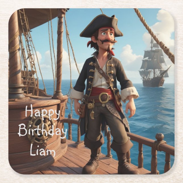Porta-copo De Papel Quadrado Pirate Birthday (Frente)