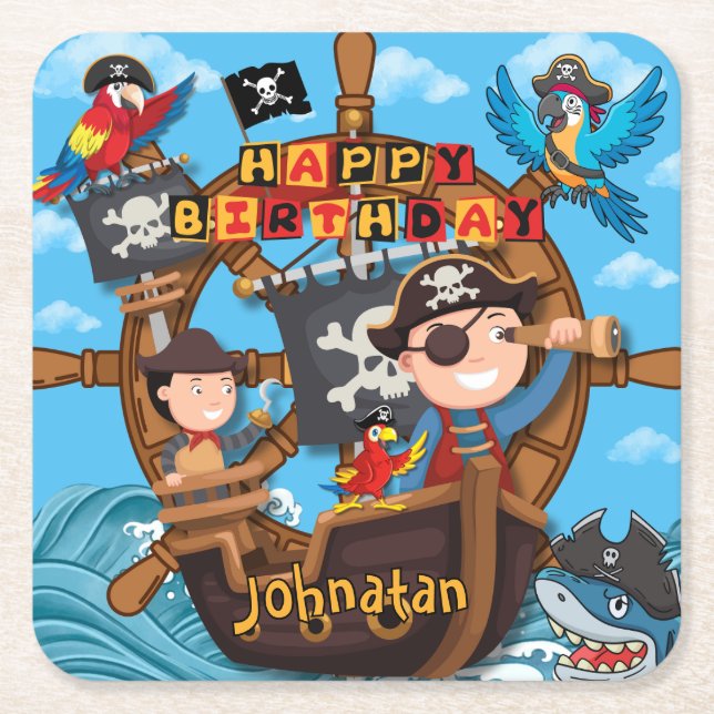 Porta-copo De Papel Quadrado Pirate Birthday Party (Frente)