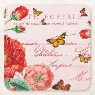 Porta-copo De Papel Quadrado Pires florais franceses vintage com borboletas