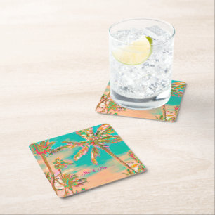 Porta-copo De Papel Quadrado PixDezines Havaiano Antigo Praia/Turquesa