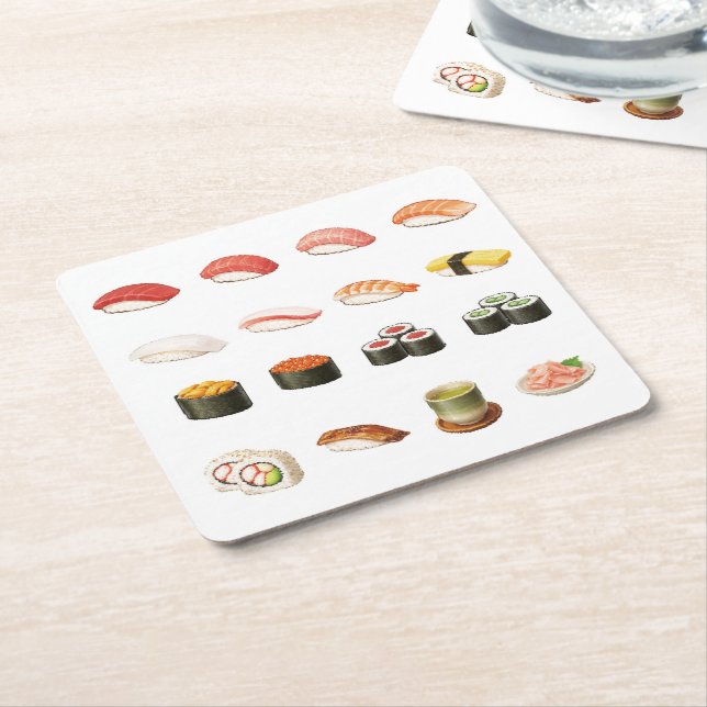 Porta-copo De Papel Quadrado Pixel Sushi Coaster – Japanese Food Design (Inclinado)