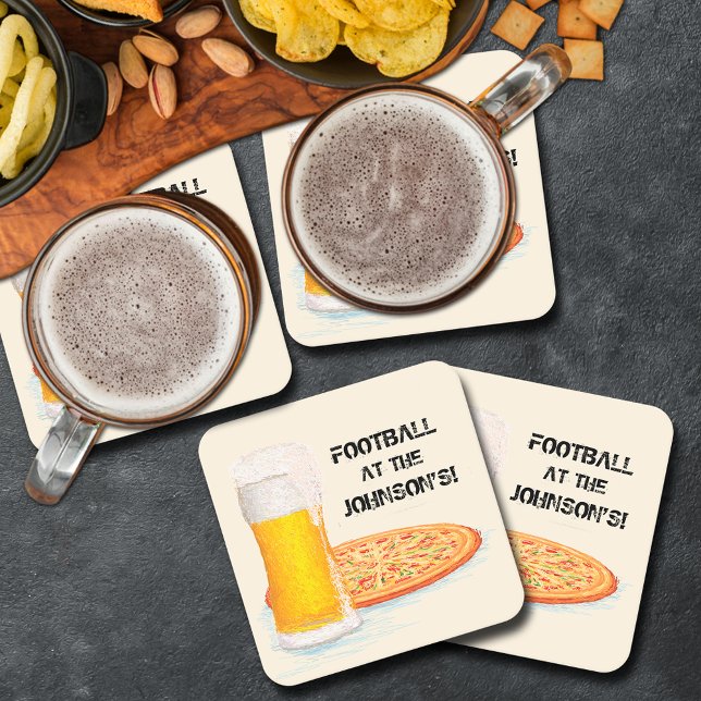 Porta-copo De Papel Quadrado Pizza e Beer Super Fan Futebol Party (Pizza and Beer Super Fan Football Party Square Paper Coasters)