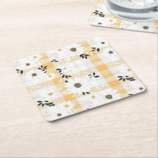 Porta-copo De Papel Quadrado Plaid Amarelo Alegre e Conjunto de Pires de Flores