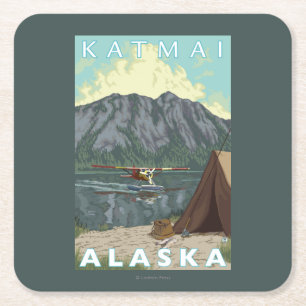 Porta-copo De Papel Quadrado Plano de Bush & pesca - Katmai, Alaska